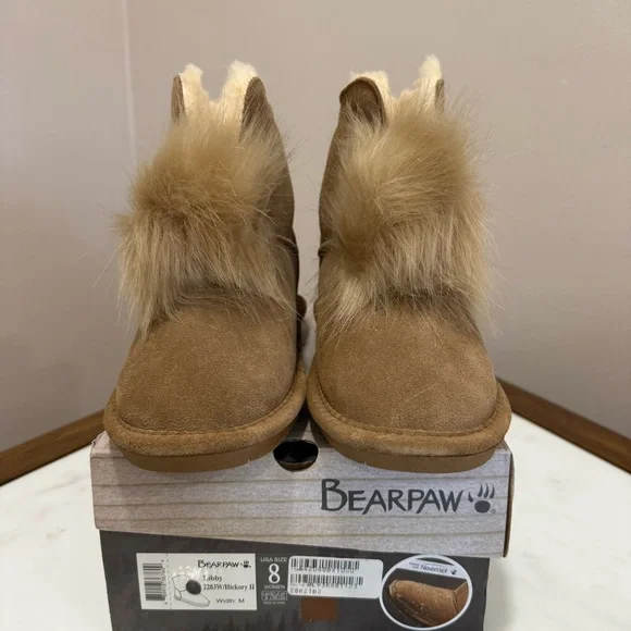 NIB BearPaw Women's Brown Suede Boots with Faux Fur Accent POMPOM - Picture 4 of 6